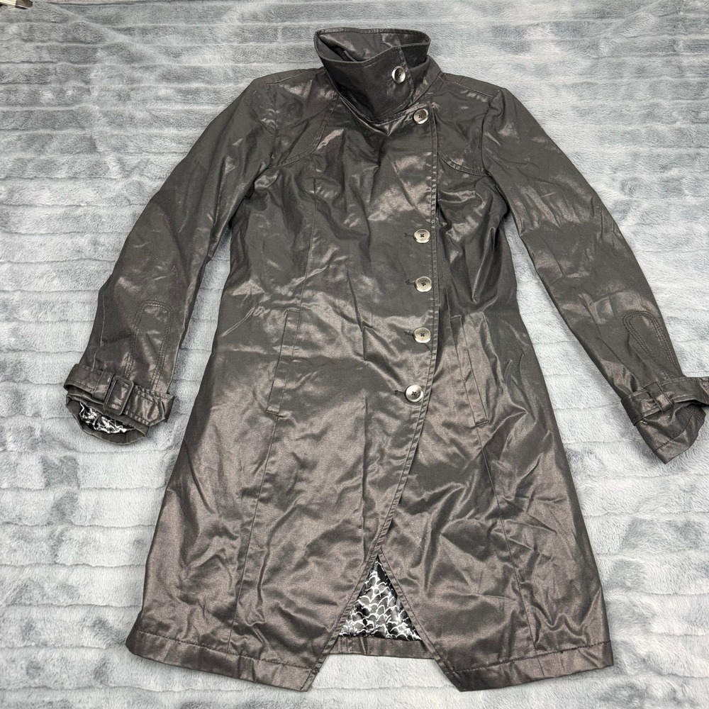 Kenneth Cole New York Metallic Black Coated Trench Coat Asymmetrical Belted S